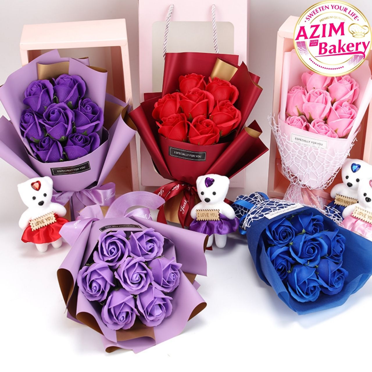 Soap Flower Bouquet With Teddy Bear by Azim Bakery BCH Rawang