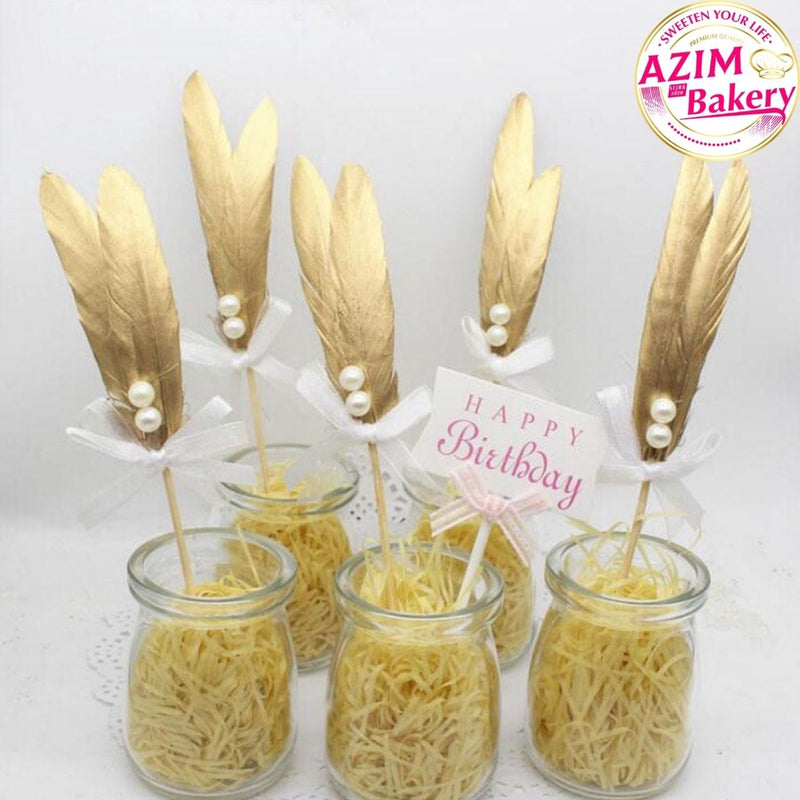 CAKE TOPPER FEATHER GOLD FEATHER CAKE TOPPER GOLD CAKE TOPPER KEK TOPPER BULU AYAM HAPPY BIRTHDAY TOPPER by AZIM BAKERY