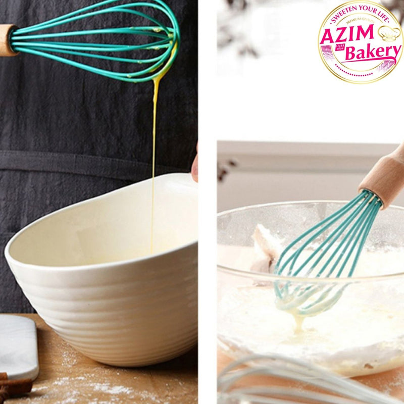 Silicone Egg Whisk With Wooden Handle (Random Color)