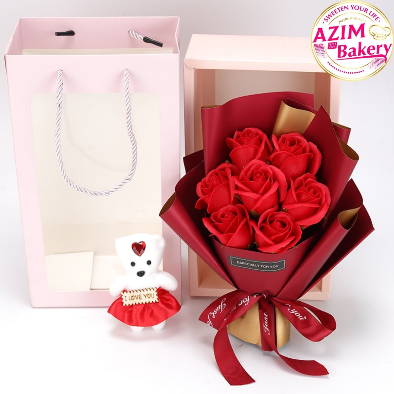 Soap Flower Bouquet With Teddy Bear by Azim Bakery BCH Rawang